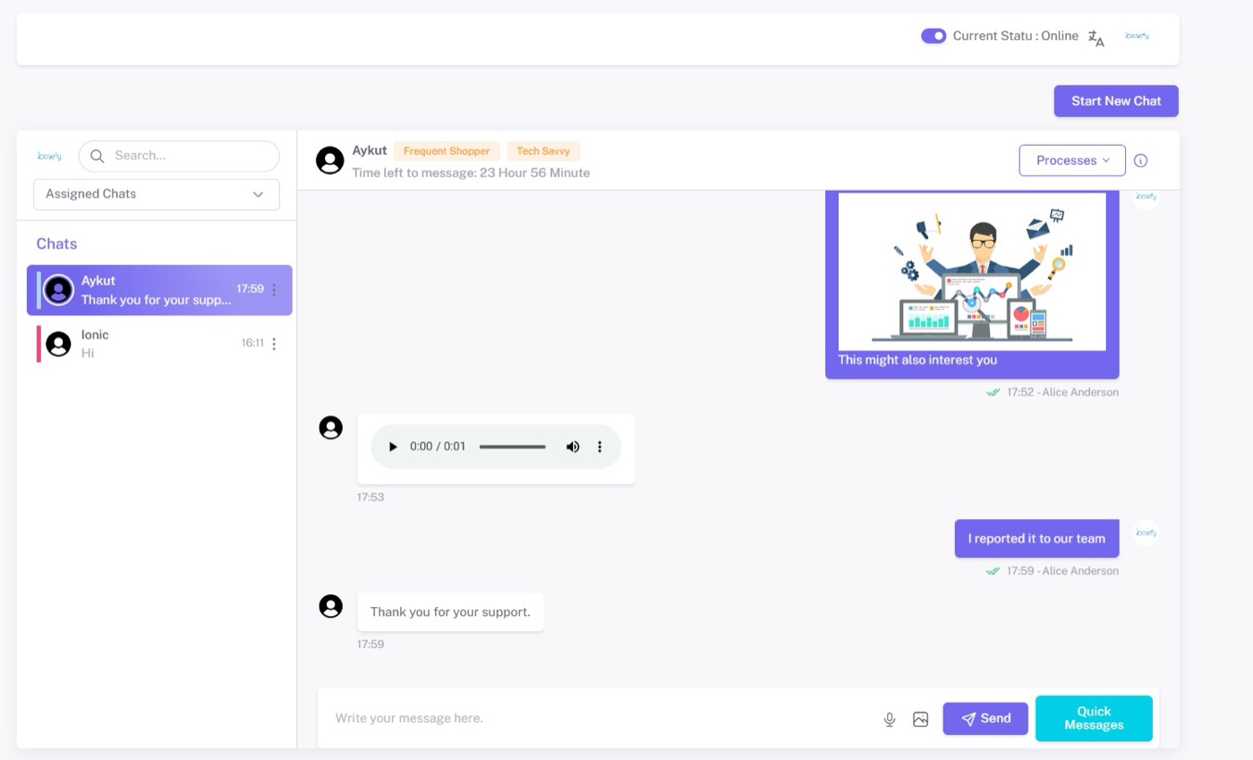 Whappio chat screen with assigned chats, customer tags, a voice message, and quick messages.